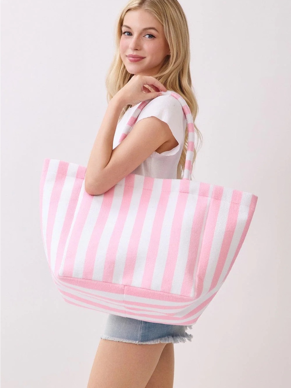 Striped Pink and White Beach Tote Bag